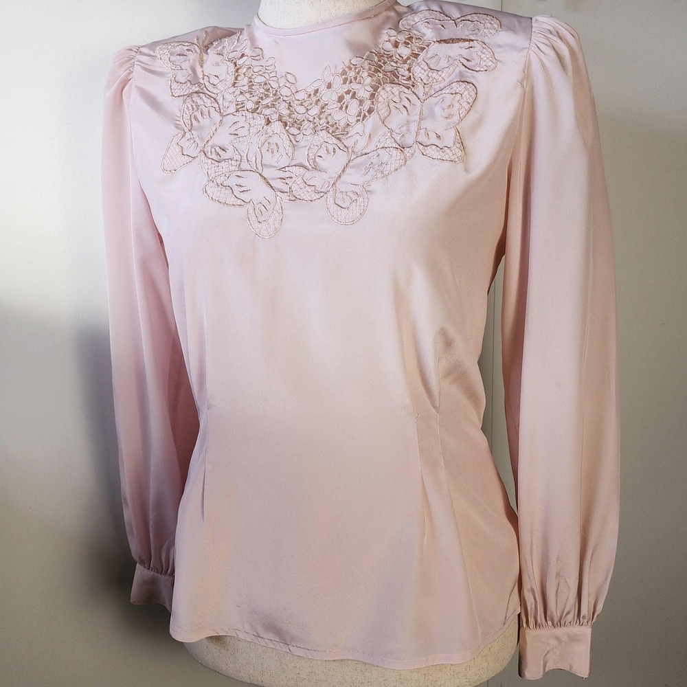 Vintage 80s Nilani Pink Embroidered Butterfly Blouse Button Back Cinched Waist 8